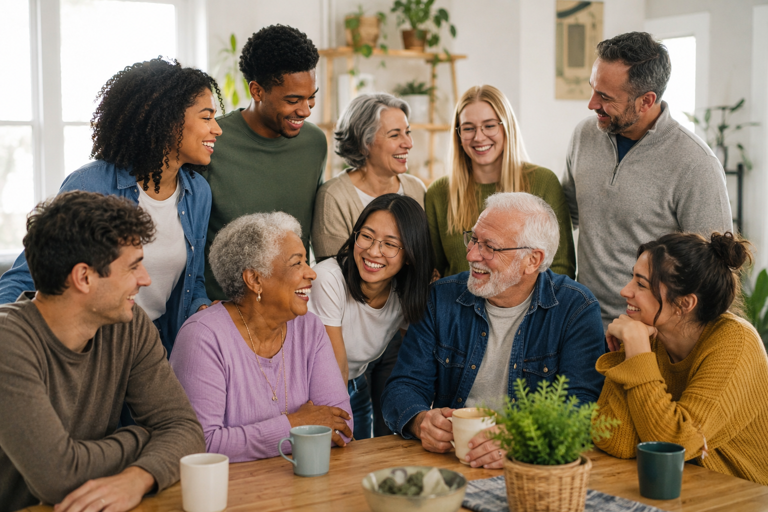 A diverse group of residents smiling together around a table