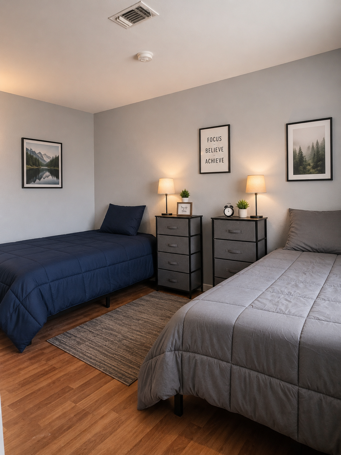 A bright shared bedroom with two neatly made twin beds, warm wood floors, and soft natural light